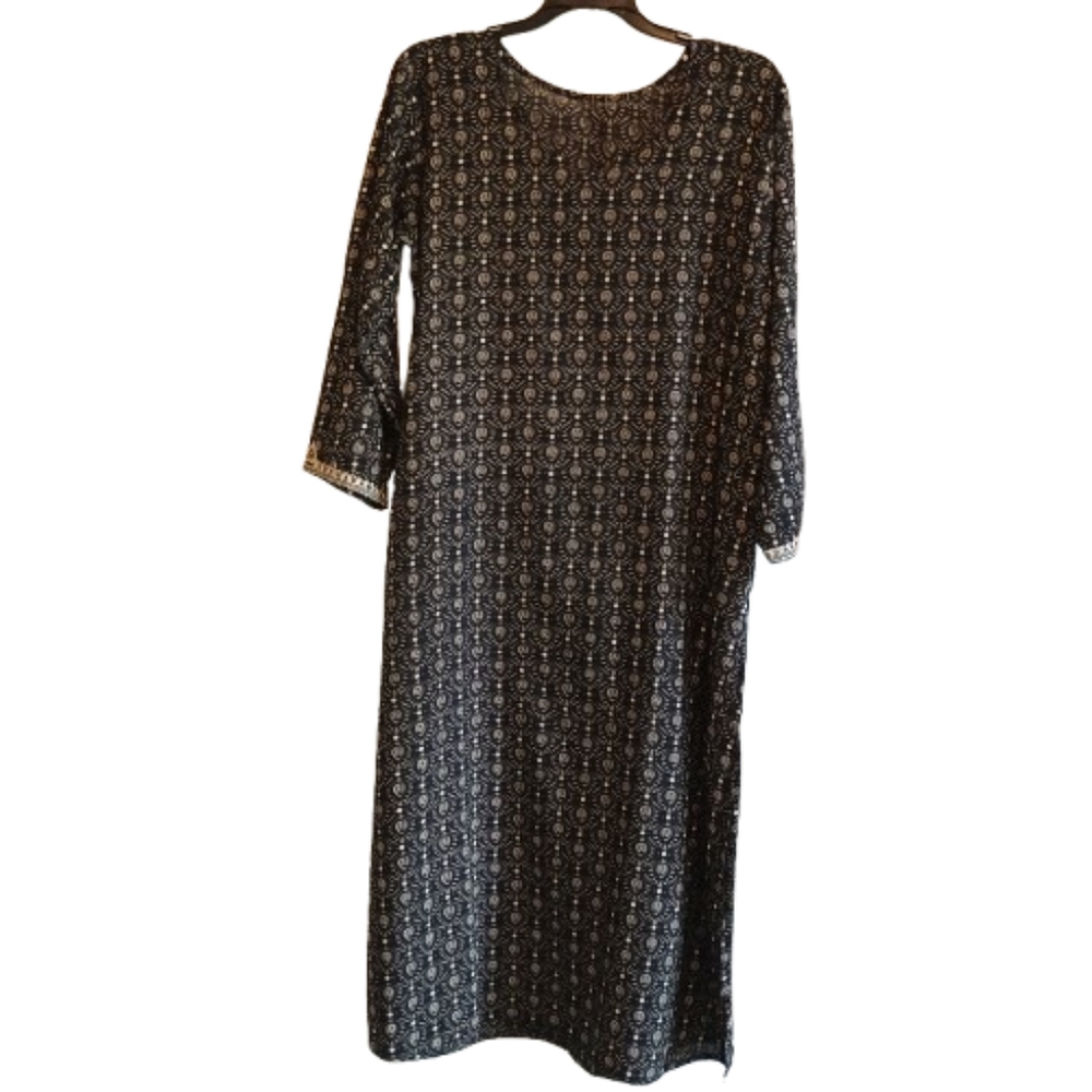 Handmade Black Kurta‎ Tunic with Embroidered Sleeves - Indian Ethnic Dress Long